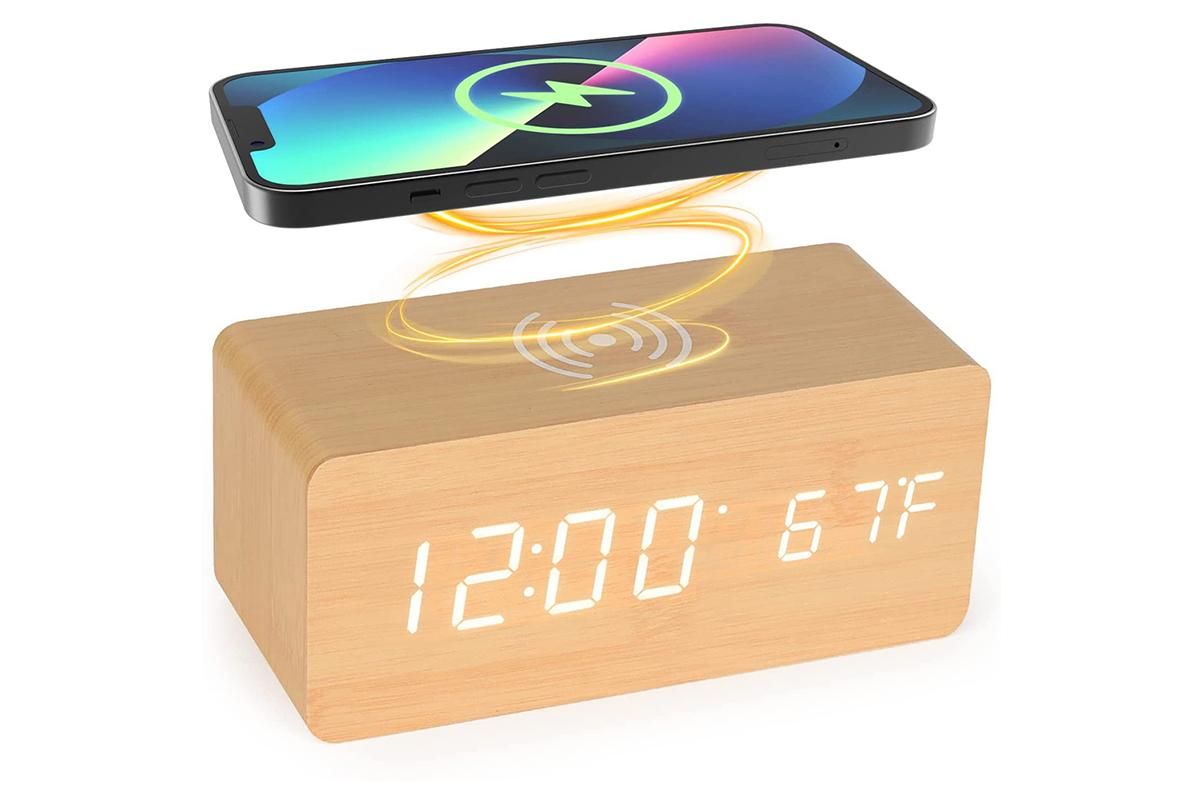 Digital Alarm Clock Wooden Table Desk Bedside LED Clock with Wireless Charger -Light Wood - Image 1
