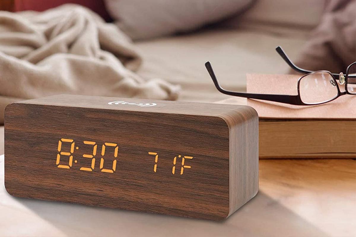 Digital Alarm Clock Wooden Table Desk Bedside LED Clock with Wireless Charger -Light Wood - Image 3