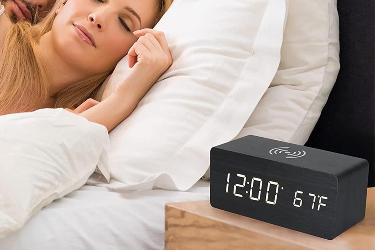 Digital Alarm Clock Wooden Table Desk Bedside LED Clock with Wireless Charger -Light Wood - Image 4