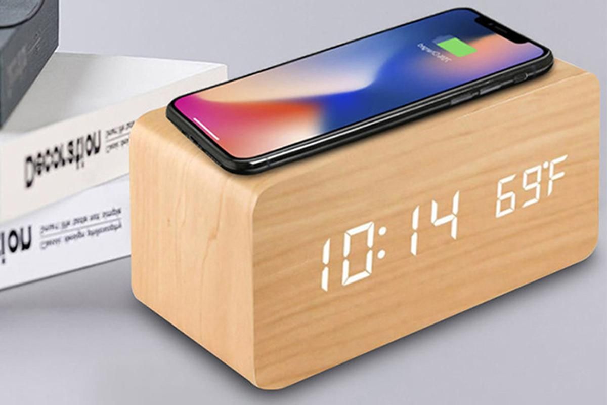 Digital Alarm Clock Wooden Table Desk Bedside LED Clock with Wireless Charger -Light Wood - Image 5