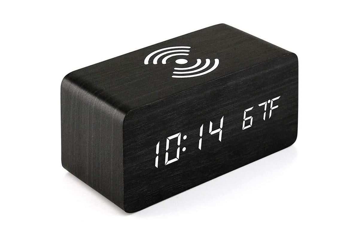 Digital Alarm Clock Wooden Table Desk Bedside LED Clock with Wireless Charger -Black - Image 1