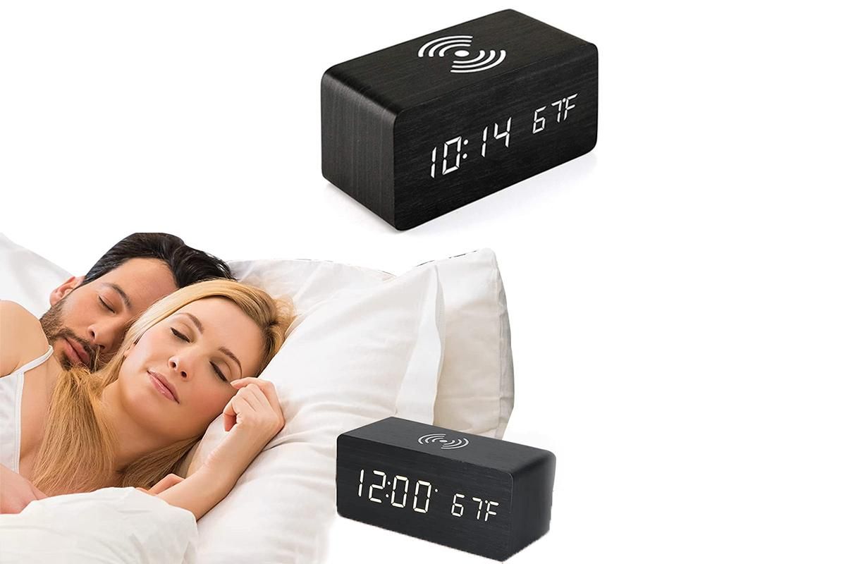 Digital Alarm Clock Wooden Table Desk Bedside LED Clock with Wireless Charger -Black - Image 2