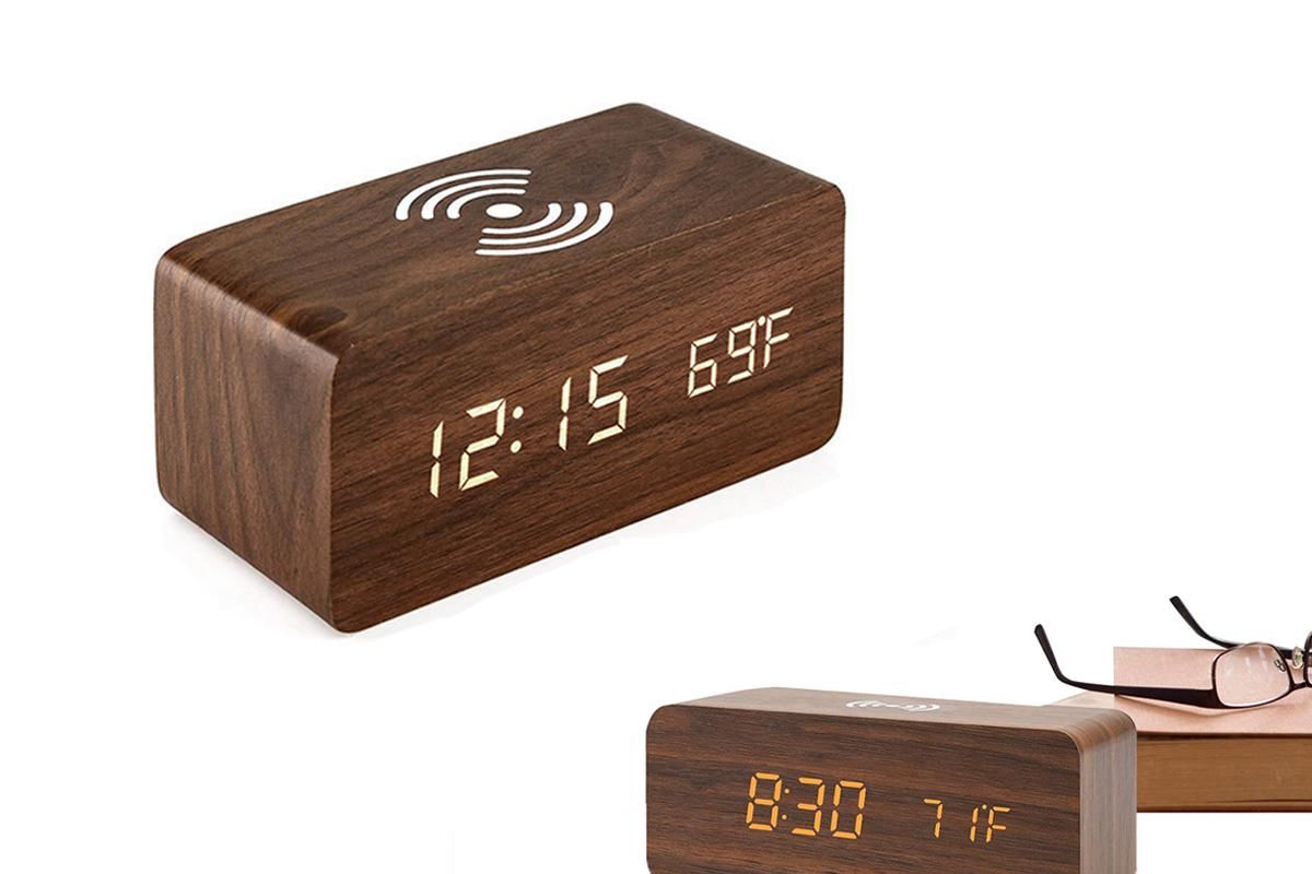 Digital Alarm Clock Wooden Table Desk Bedside LED Clock with Wireless Charger -Black - Image 3