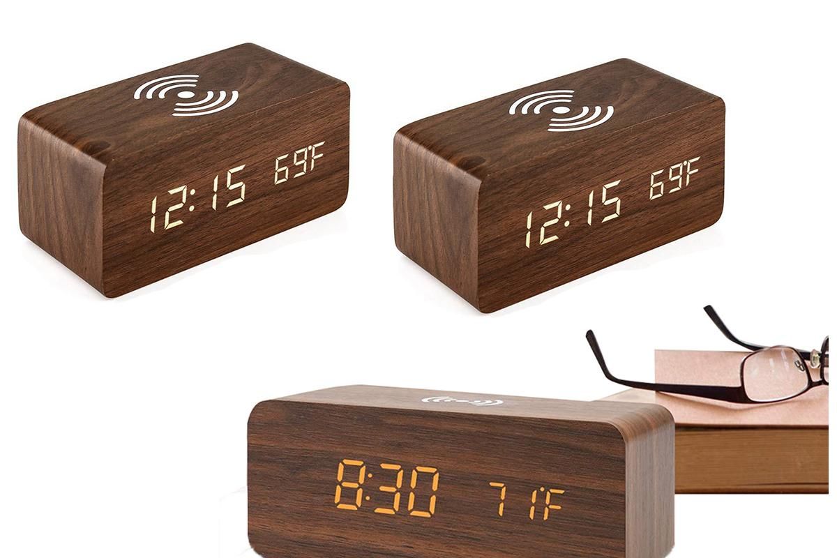 Digital Alarm Clock Wooden Table Desk Bedside LED Clock with Wireless Charger -Black - Image 4