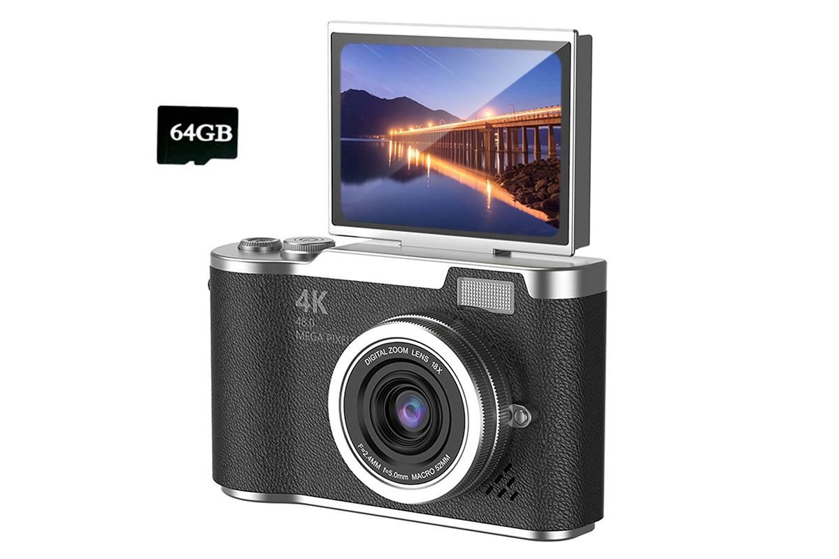 HD 1080P Flip Screen Retro Digital Camera 2.4-inch Display with 64GB TF Card - Black - Image 1