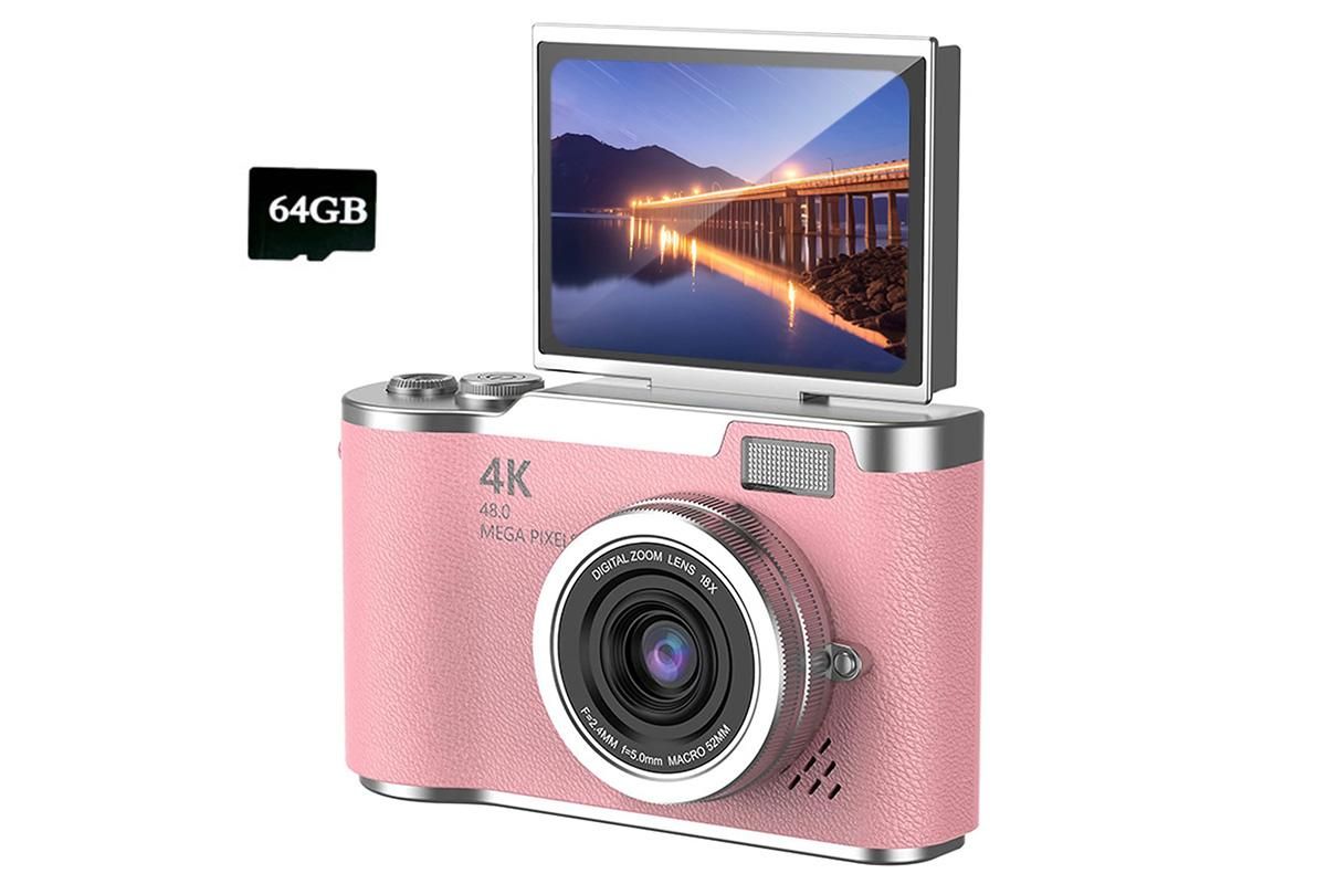 HD 1080P Flip Screen Retro Digital Camera 2.4-inch Display with 64GB TF Card - Pink - Image 1
