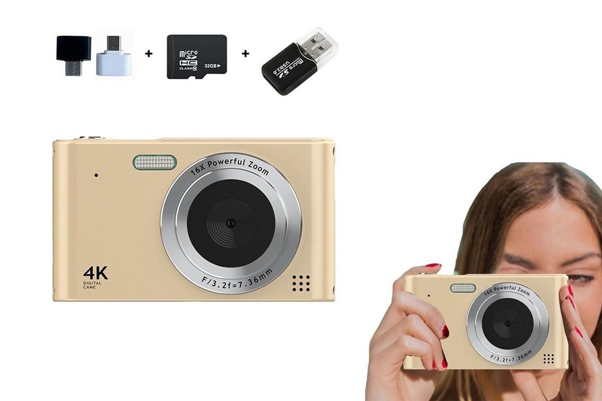 4K HD Digital Camera for Photography and Video Vlogging Camera Camera with 32G Memory Card 16X Digital Zoom -Gold - Image 1