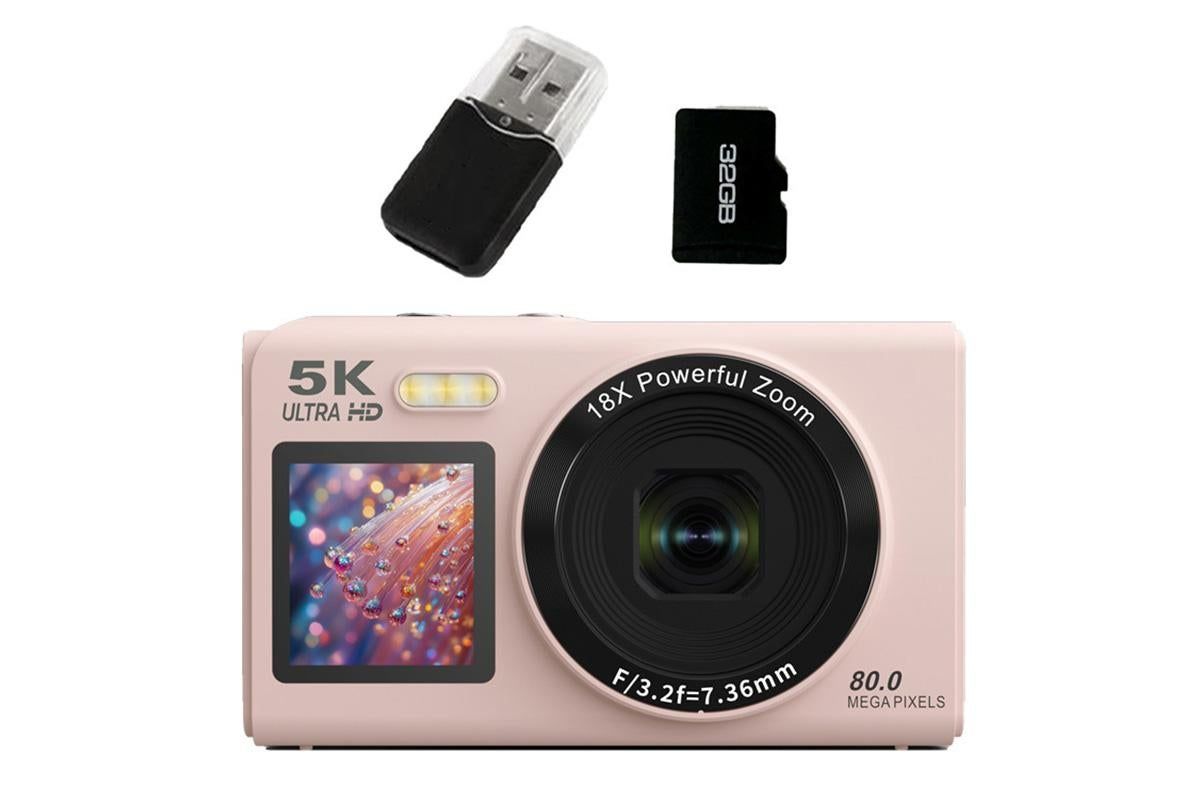 5K HD Dual Screen Digital Camera Point and Shoot Selfie Camera with LED Fill Light - Pink - Image 1