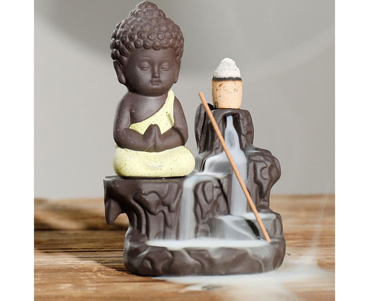 Monk Ceramic Buddha Incense Backflow Burner Cones Home Teahouse Table Decor-Yellow - Image 3