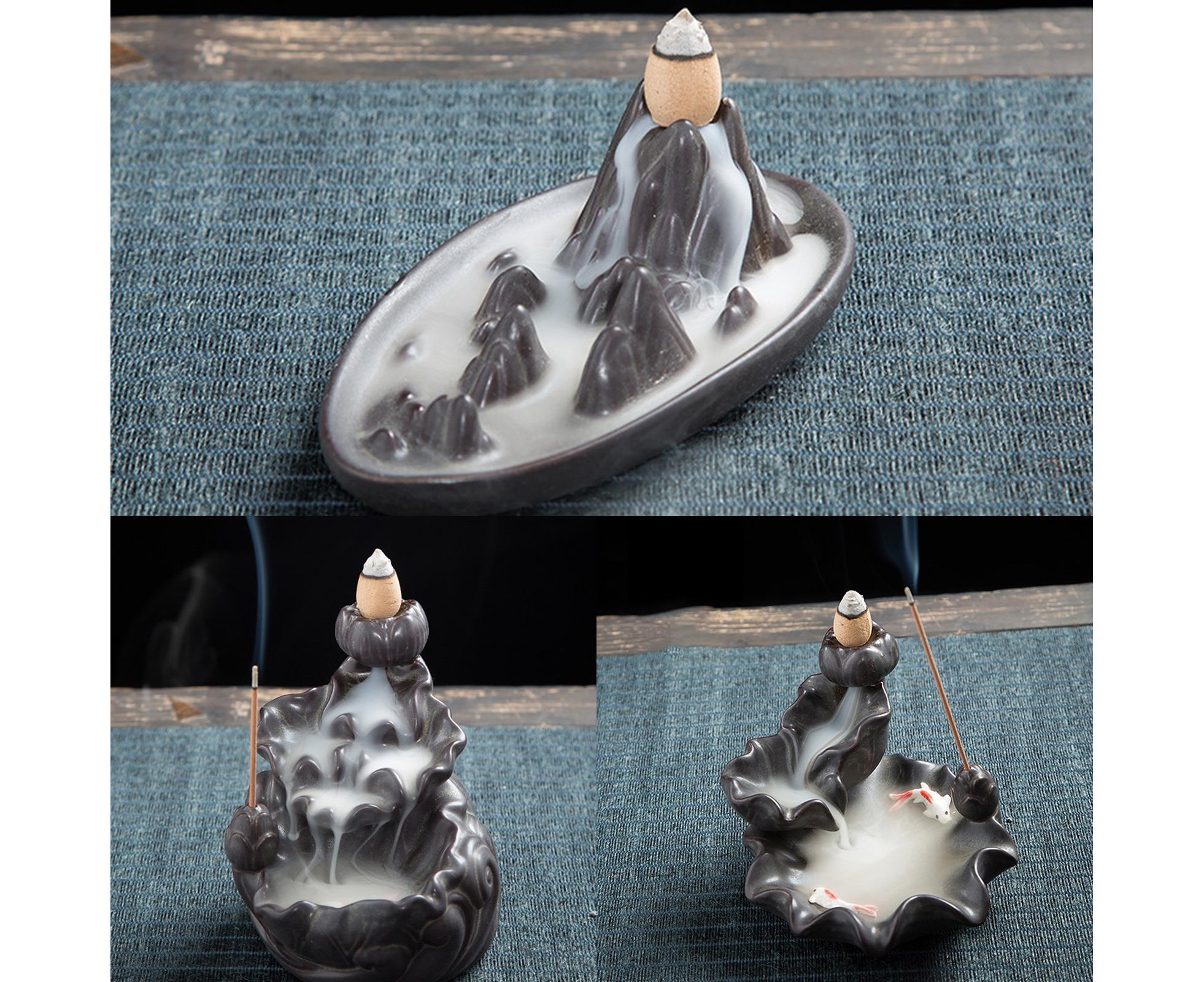 Teahouse Waterfall Lotus Backflow Incense Burner Ceramic Censer Home Decoration- C - Image 2
