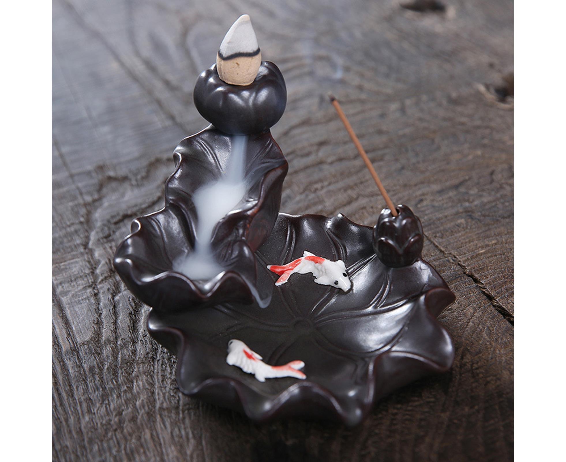 Teahouse Waterfall Lotus Backflow Incense Burner Ceramic Censer Home Decoration- C - Image 3