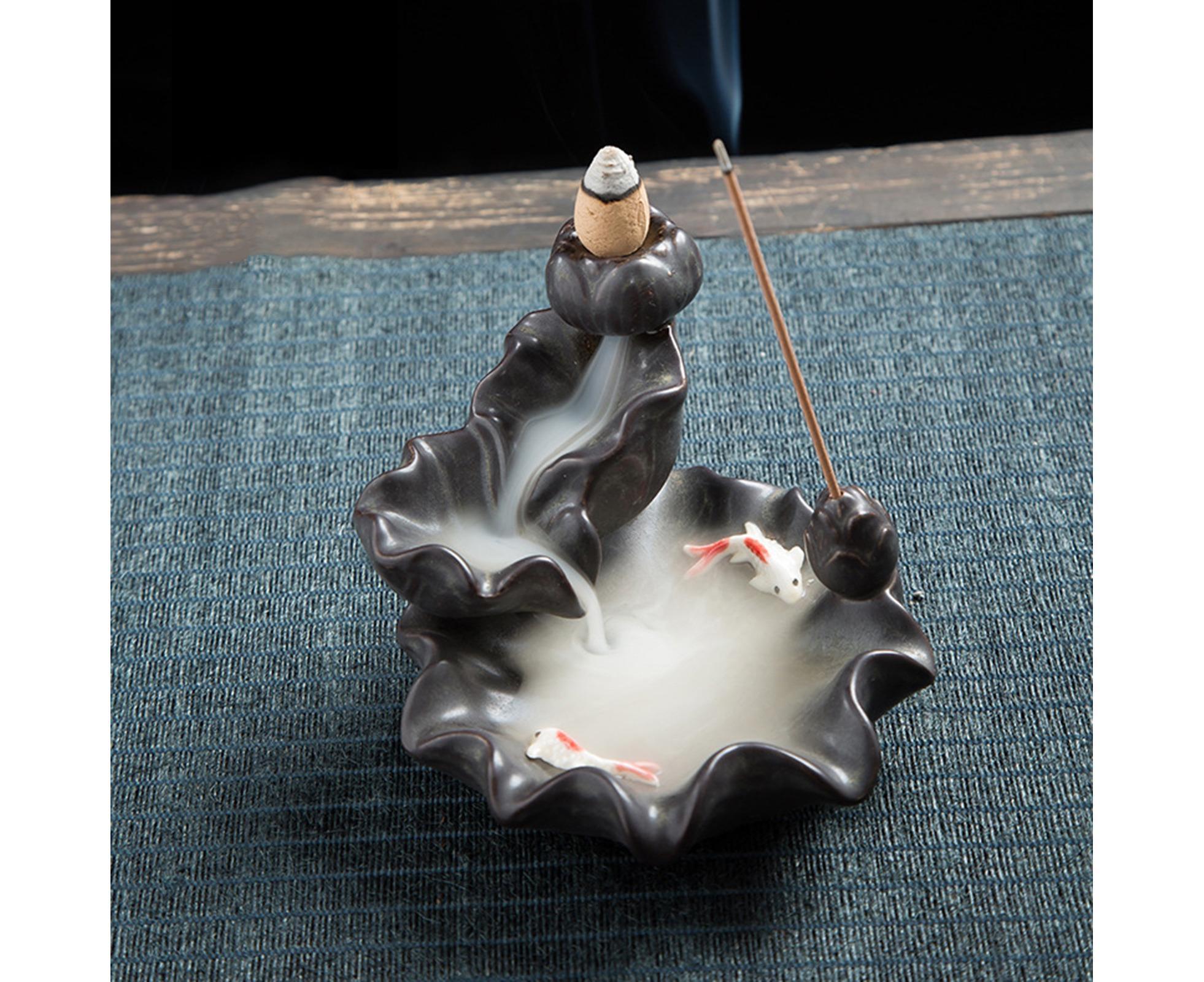 Teahouse Waterfall Lotus Backflow Incense Burner Ceramic Censer Home Decoration- C - Image 5