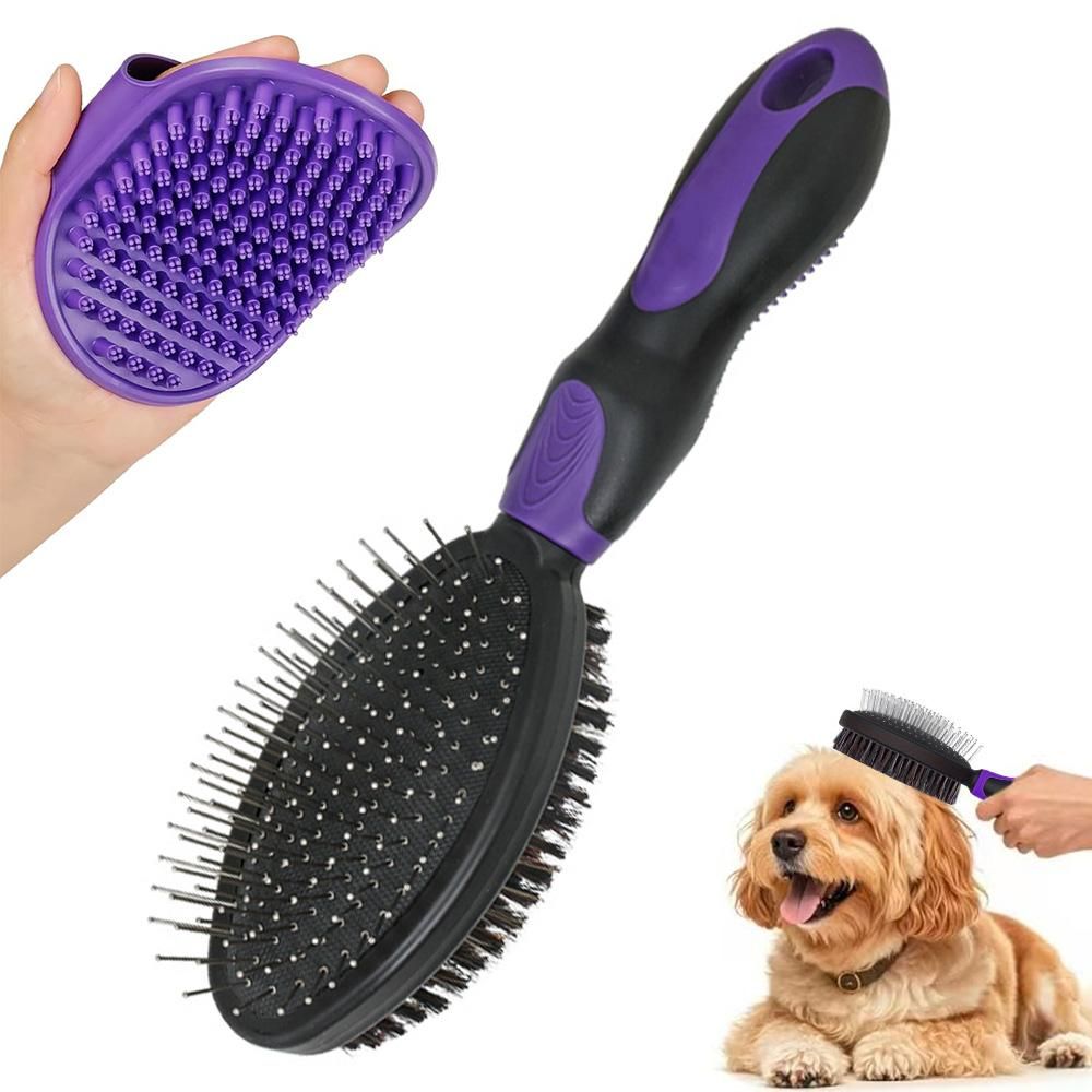 2PCS Pet Grooming Tools Double-Sided Brush for Shedding and Bathing for Short/Long Haired Dogs Cats Purple - Image 5