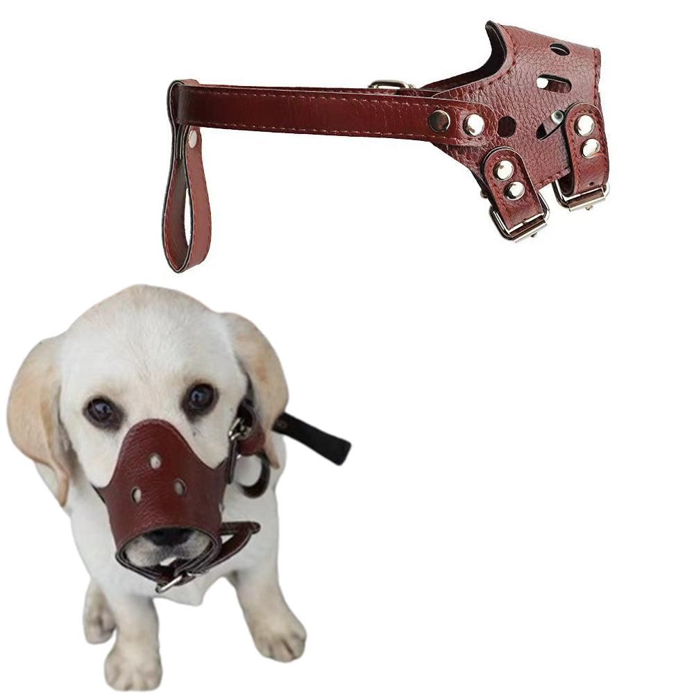 Adjustable PU Leather Dog Muzzle Pet Breathable Anti Bite Bark Chew Muzzles Brown - XL - Image 1