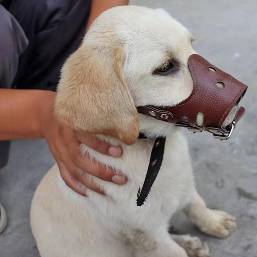 Adjustable PU Leather Dog Muzzle Pet Breathable Anti Bite Bark Chew Muzzles Brown - XL - Image 3