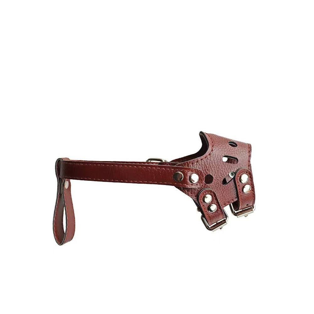 Adjustable PU Leather Dog Muzzle Pet Breathable Anti Bite Bark Chew Muzzles Brown - XL - Image 4