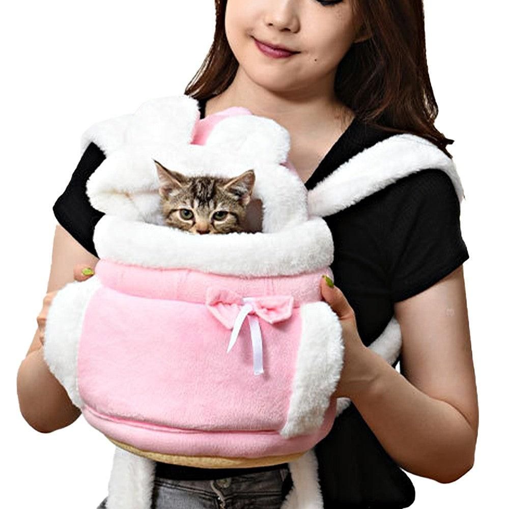 Plush Pet Carrier Backpack Pet Warm Bag with Hand Warmer Pocket Pink - S - Image 4