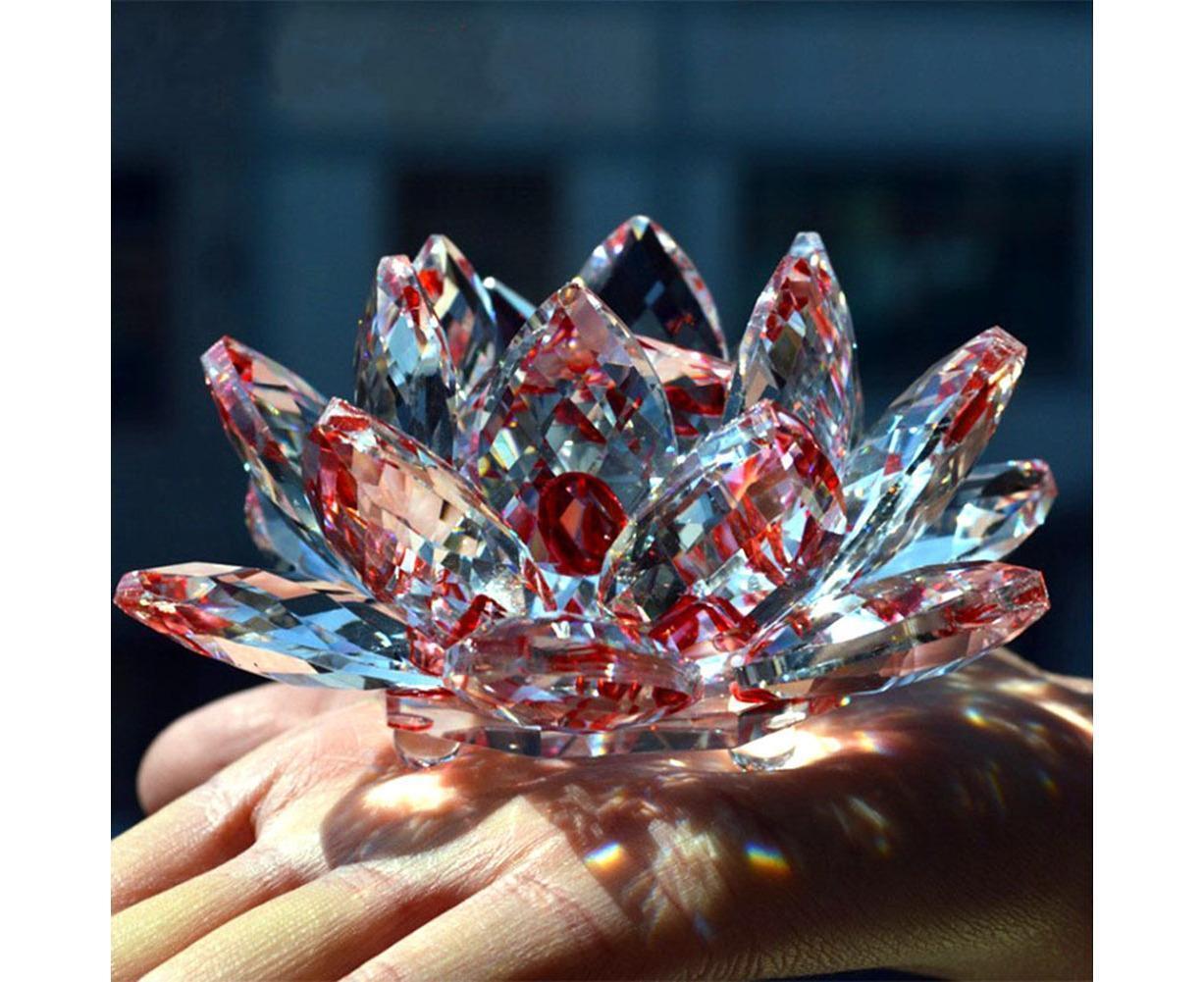 Artificial Quartz Crystal Lotus Flower Figurine Wedding Party Decor Souvenir-Red - Image 3