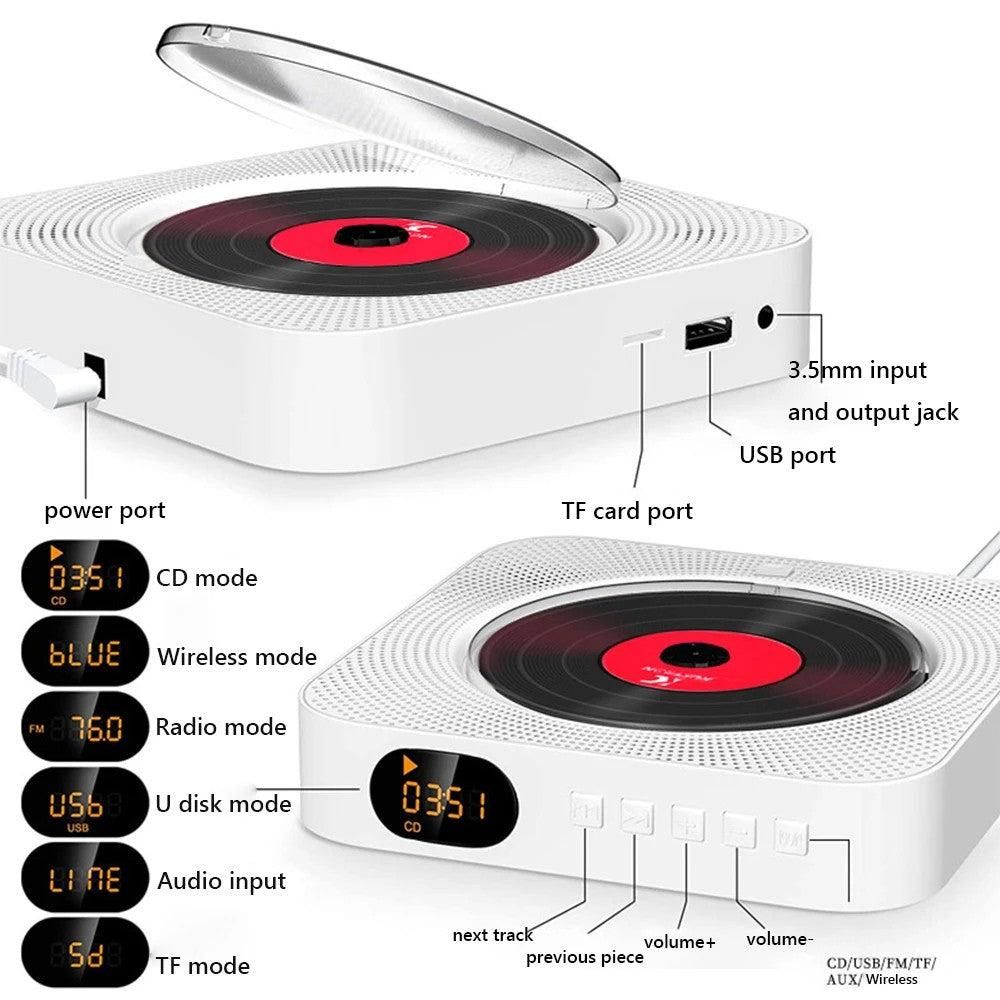 Wall-Mount Bluetooth CD Player LCD Display Music Player Home Audio Boombox White - Image 4