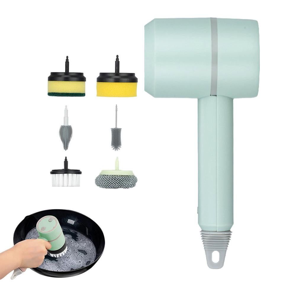 Set of 6 in 1 Handheld Electric Cleaning Brush USB Rechargeable Electric Dishwashing Brush Kitchen Cleaning Tool Green - Image 1
