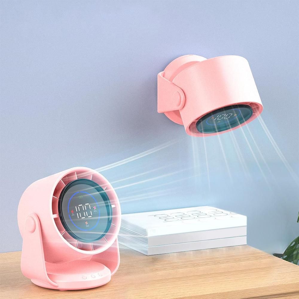 Quiet Table Fans Wall-Mounted Digital Display Rechargeable Fan for Home Office Kitchen Travel Camping Pink - Image 2