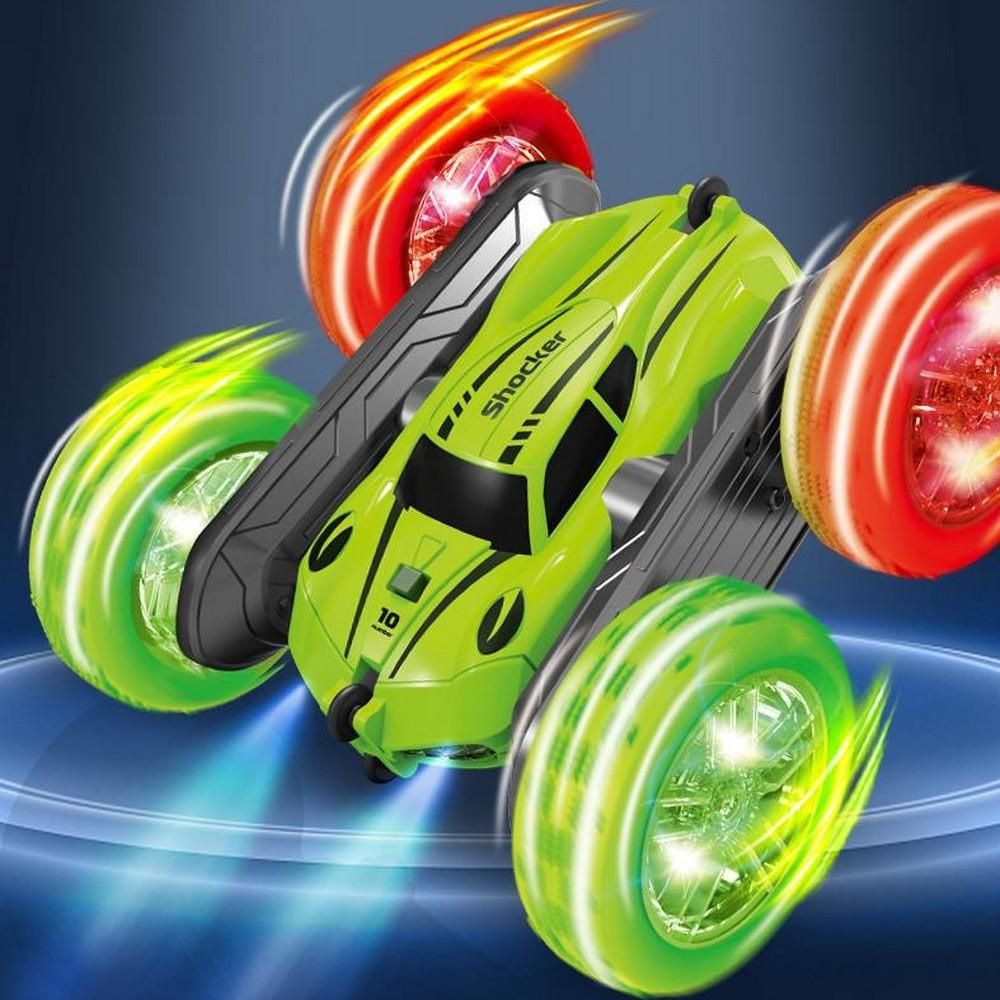 2.4 GHZ Remote Control Stunt Car 4WD Double Sided Rotating Crawler with Headlights Green - Image 3