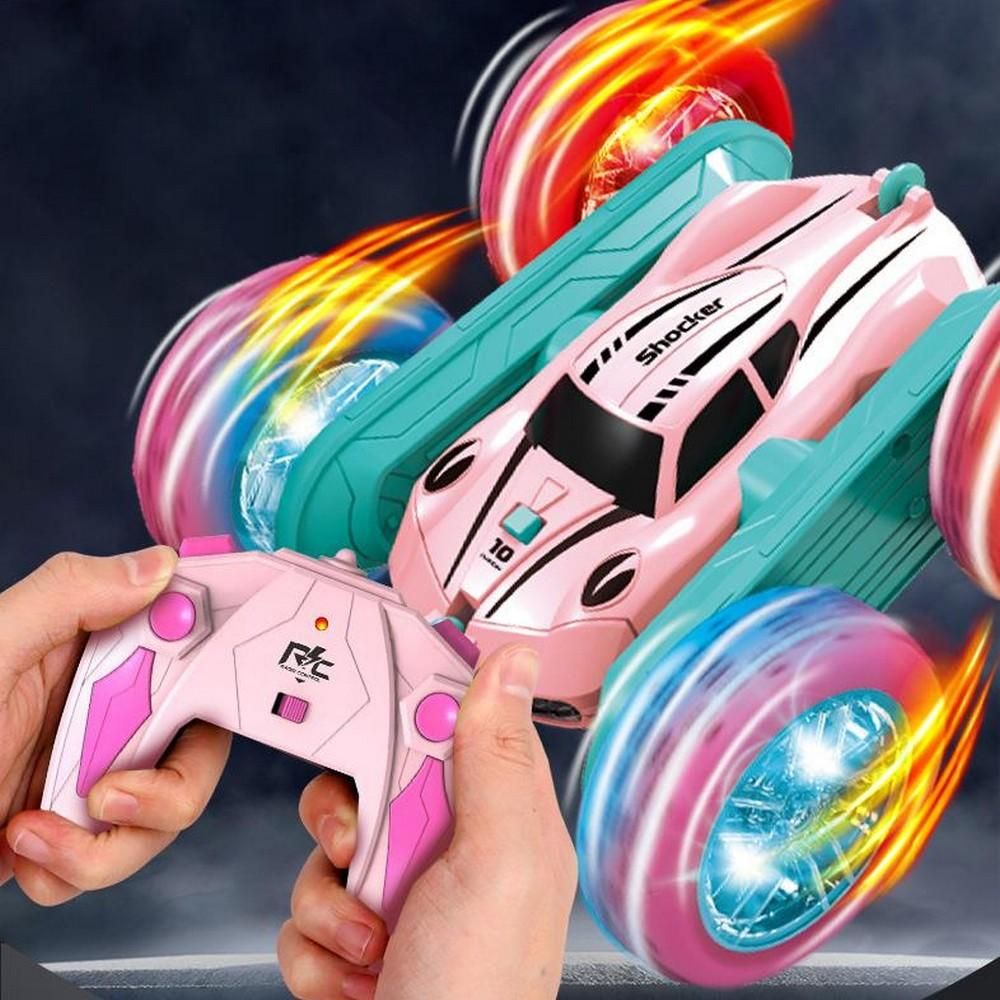 2.4 GHZ Remote Control Stunt Car 4WD Double Sided Rotating Crawler with Headlights Pink - Image 2