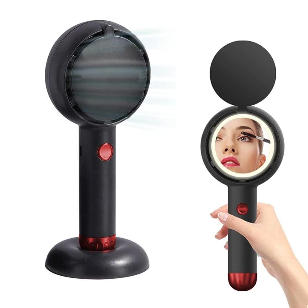 Mini Handheld Fan with LED Light Makeup Mirror Rechargeable Portable Fan Black - Image 4