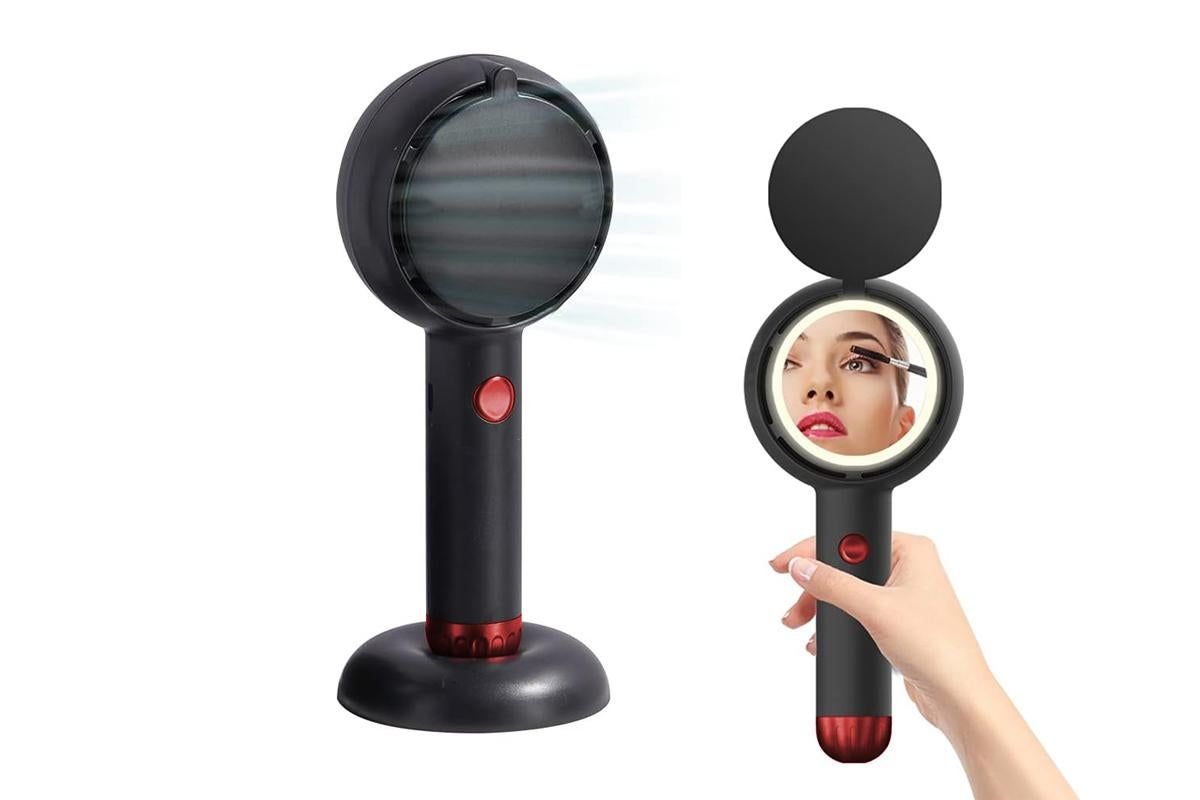 Mini Handheld Fan with LED Light Makeup Mirror Rechargeable Portable Fan Black - Image 5