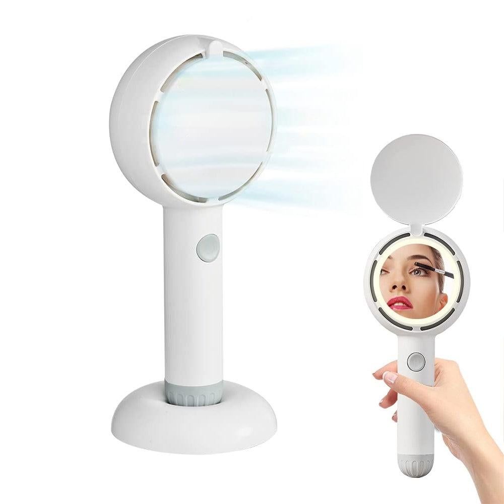 Mini Handheld Fan with LED Light Makeup Mirror Rechargeable Portable Fan White - Image 1