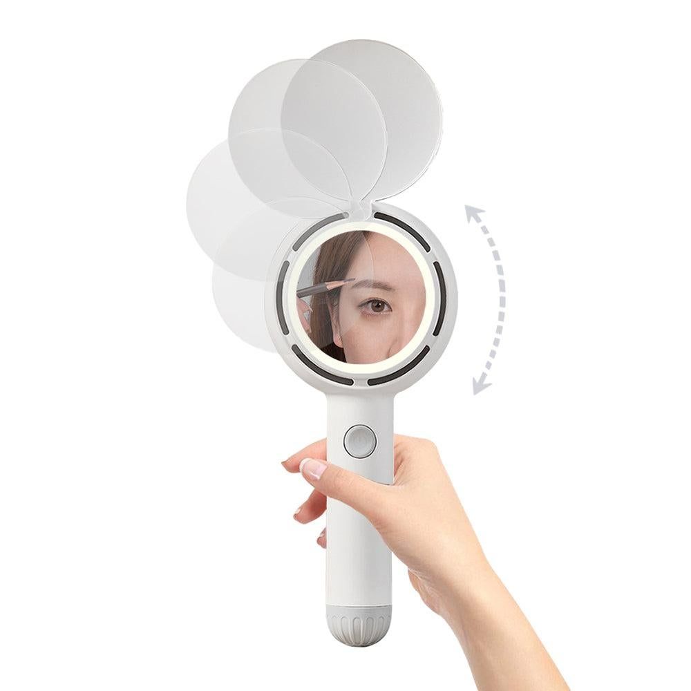 Mini Handheld Fan with LED Light Makeup Mirror Rechargeable Portable Fan White - Image 3