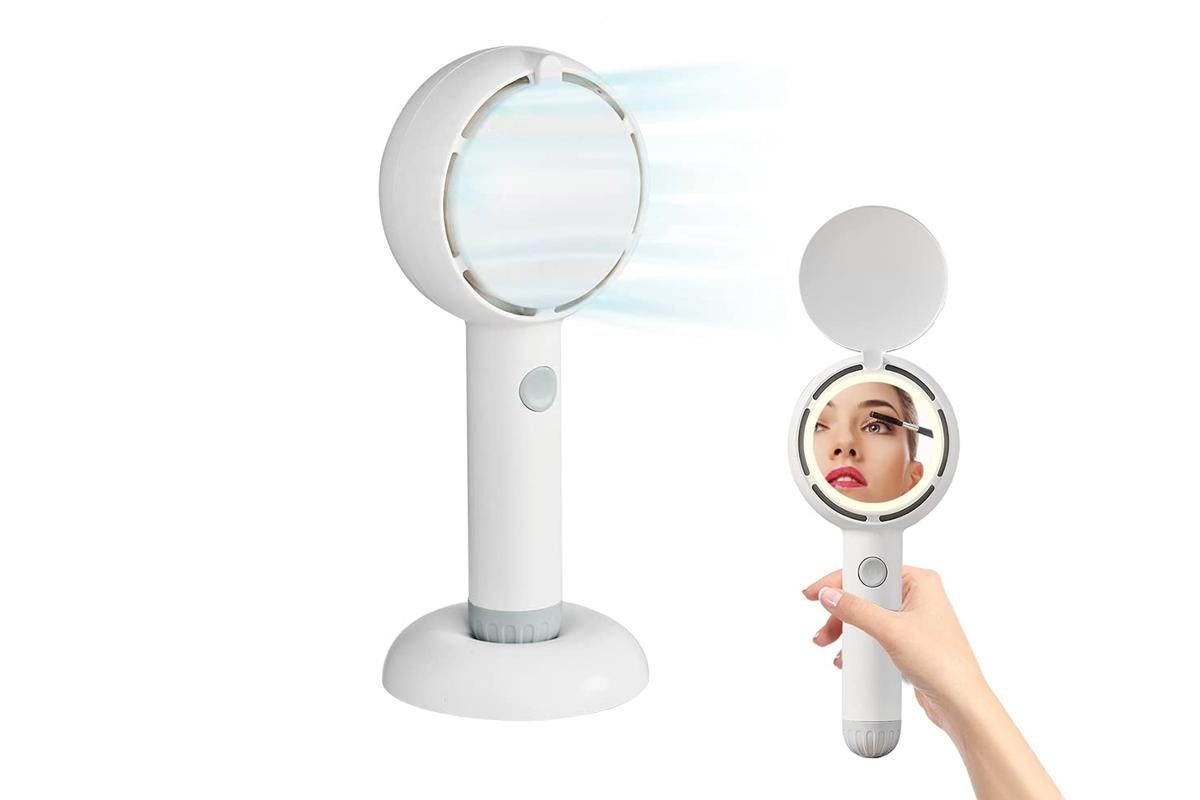 Mini Handheld Fan with LED Light Makeup Mirror Rechargeable Portable Fan White - Image 7