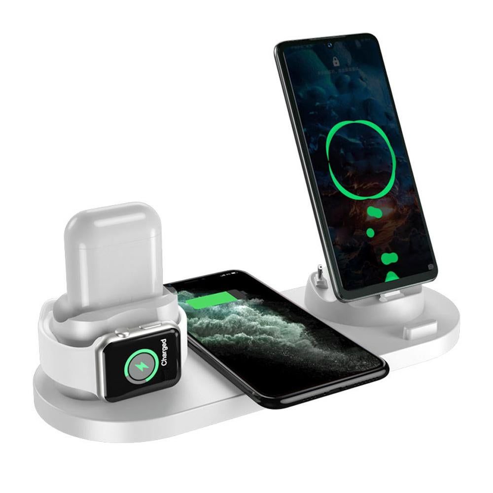 Wireless Charging Station Compatible for Apple 6 in 1 Charger Stand Dock -White - charging together - Image 1
