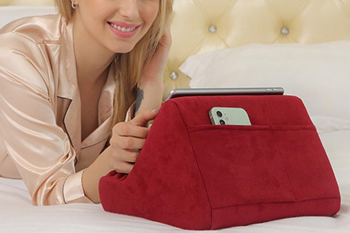 Tablet Holder Multi Angle Lazy Holder Stand with 2 Pockets for Bed Desk-Wine Red - Image 8