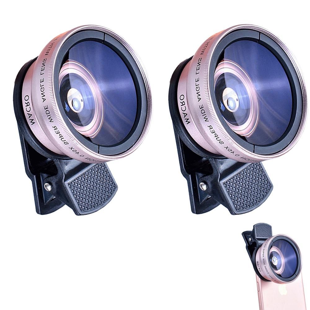 2pcs Cell Phone Camera Lens 2 in1 Portable Wide Angle Macro Cell Phone Camera Lens Kit -Rose Gold - Image 1