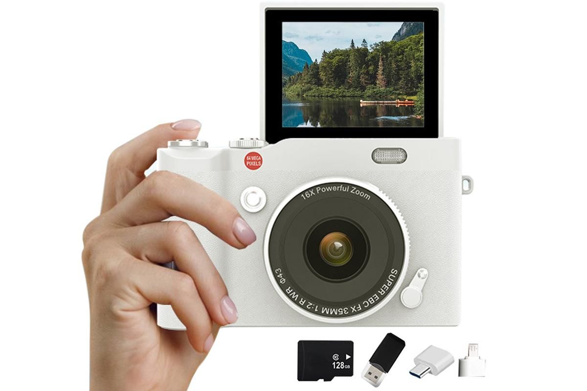 4K Digital Camera 64MP Vlogging Camera with 180-degree Flip Screen 16X Digital Zoom -White - Image 1