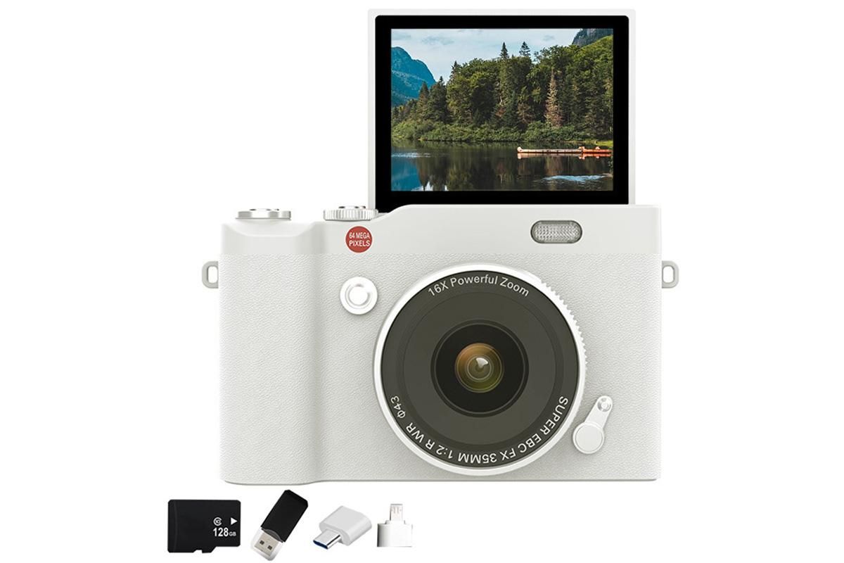 4K Digital Camera 64MP Vlogging Camera with 180-degree Flip Screen 16X Digital Zoom -White - Image 2