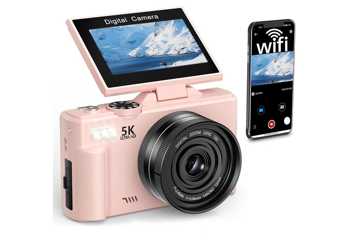 5K Digital Camera with 180-degree Flip Screen Vlogging Camera for YouTube -Pink - Image 1
