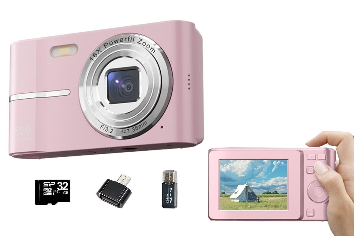 Digital Camera 4K Screen Video Camera With 32GB Memory Card-Pink - Image 1