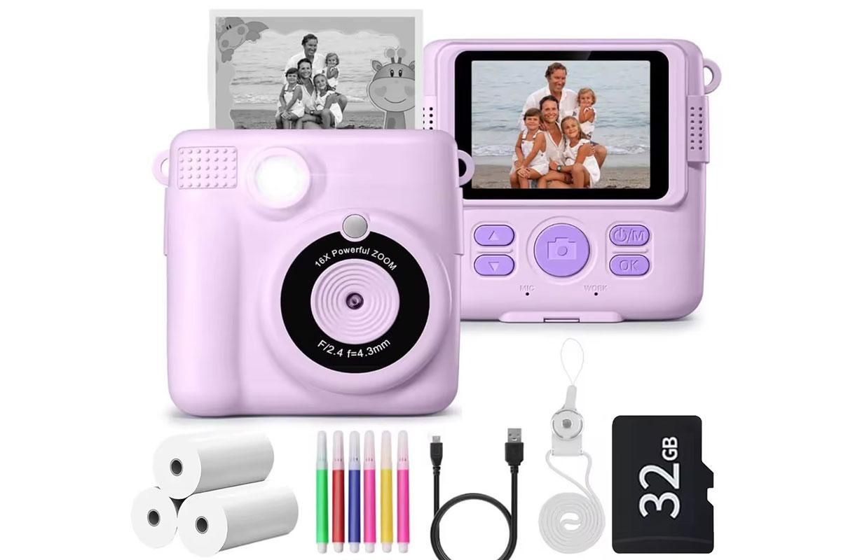 Instant Print Camera for Kids Zero Ink Print Photo Camera with 32G TF Card-Purple - Image 1