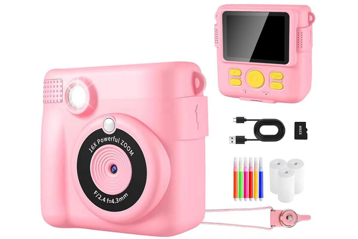 Instant Print Camera for Kids Zero Ink Print Photo Camera with 32G TF Card-Pink - Image 1