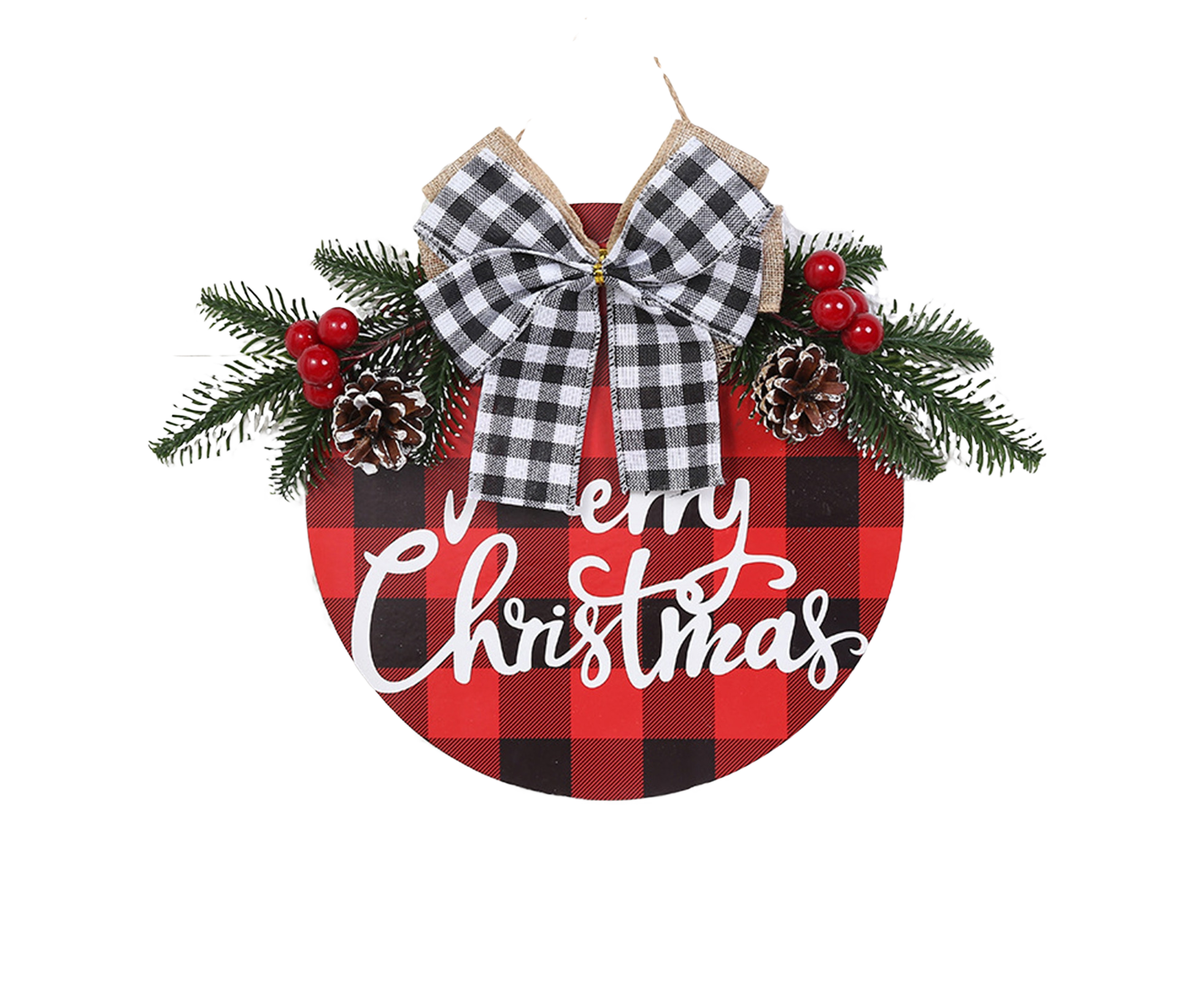 Welcome Sign Bow-knot Plaid Wooden Sign-Red - Image 1