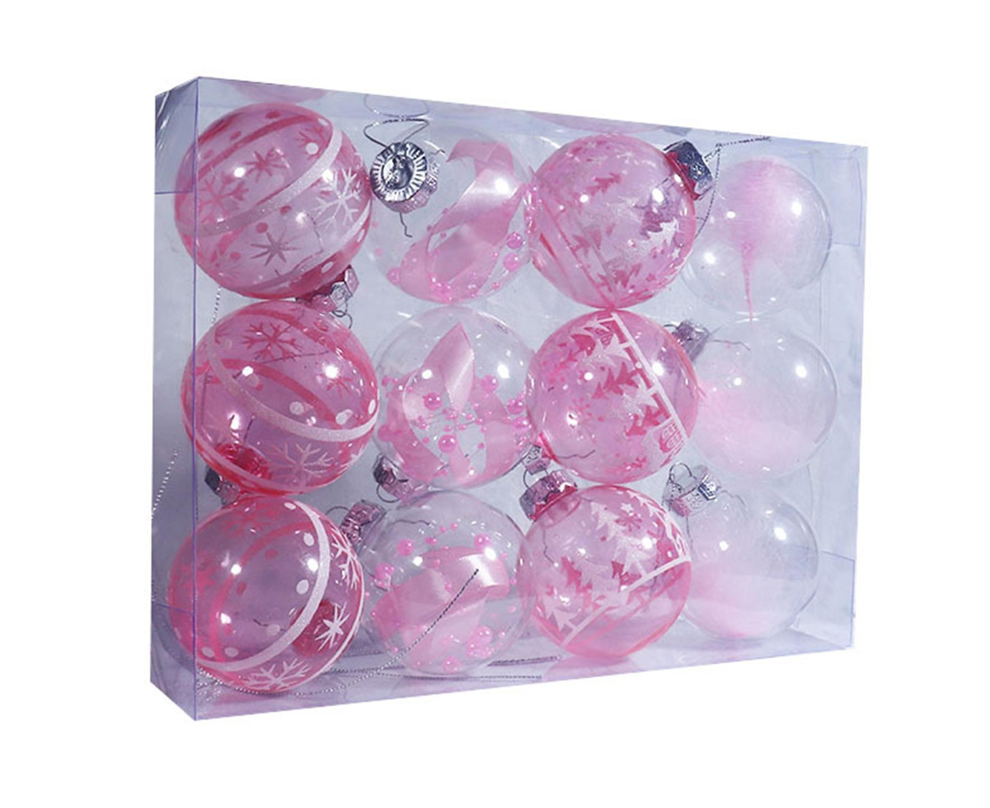 12Pcs Xmas Ball Ornament Round Party-Pink 8cm - Image 1
