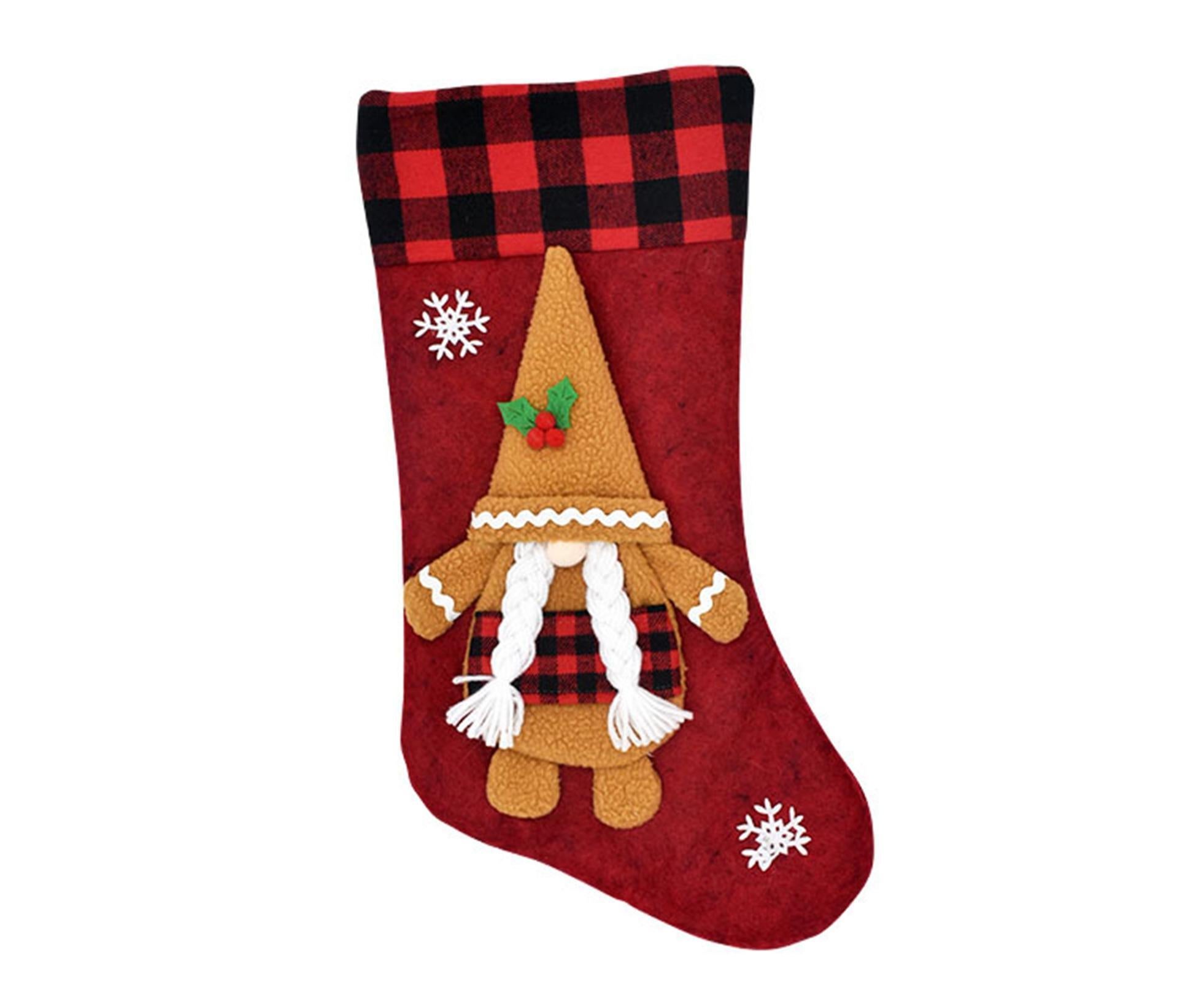 Plaid Patchwork Xmas Stocking with Lanyard-Red - Image 1