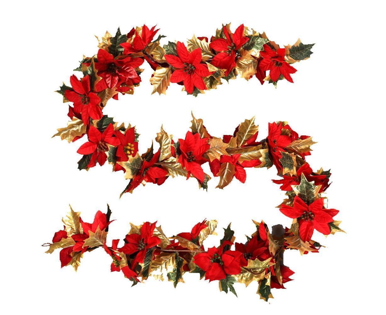 1.8m Artificial Christmas Red Flower Cane Vine Rattan Home Garden Xmas Decor-Golden+Red - Image 1