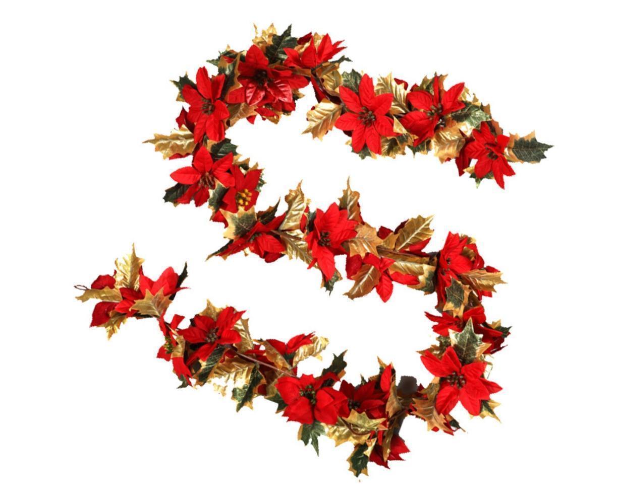 1.8m Artificial Christmas Red Flower Cane Vine Rattan Home Garden Xmas Decor-Golden+Red - Image 2