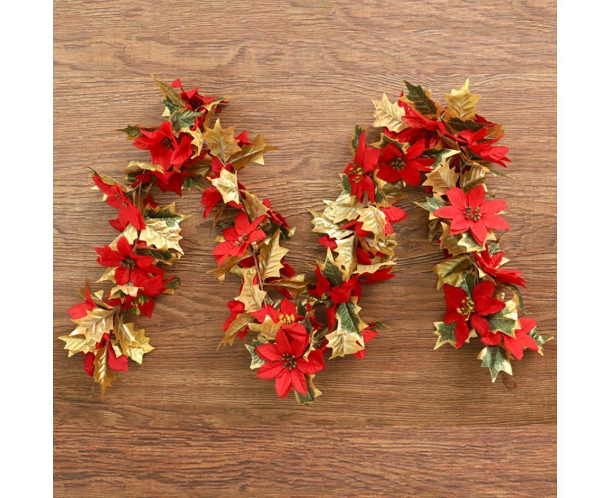 1.8m Artificial Christmas Red Flower Cane Vine Rattan Home Garden Xmas Decor-Golden+Red - Image 3