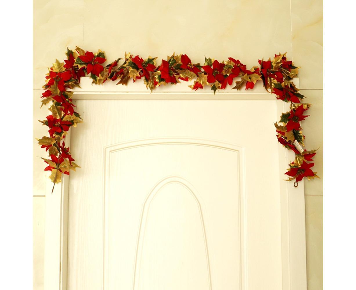 1.8m Artificial Christmas Red Flower Cane Vine Rattan Home Garden Xmas Decor-Golden+Red - Image 4