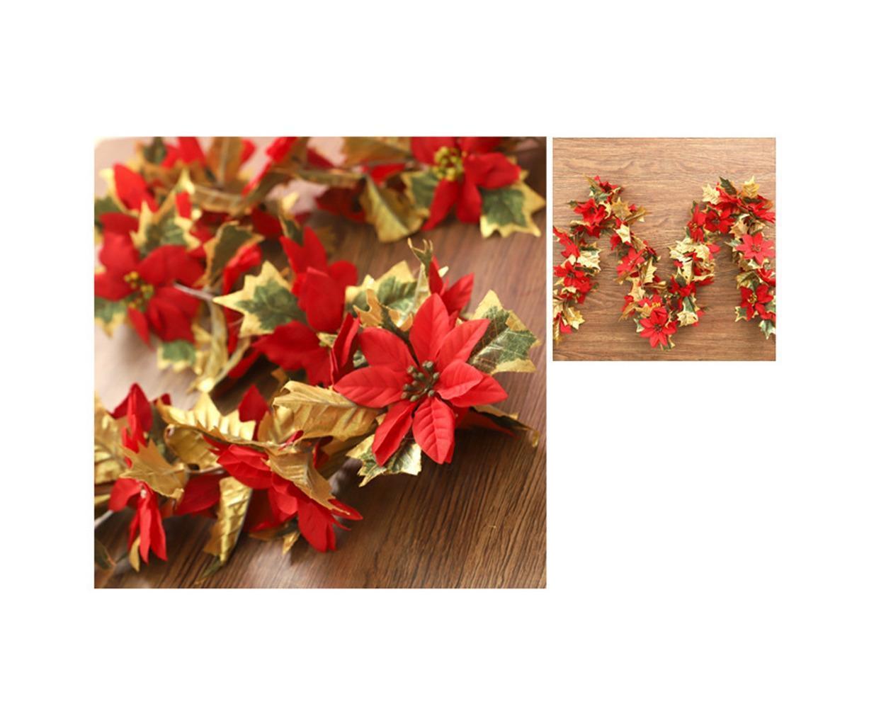 1.8m Artificial Christmas Red Flower Cane Vine Rattan Home Garden Xmas Decor-Golden+Red - Image 7