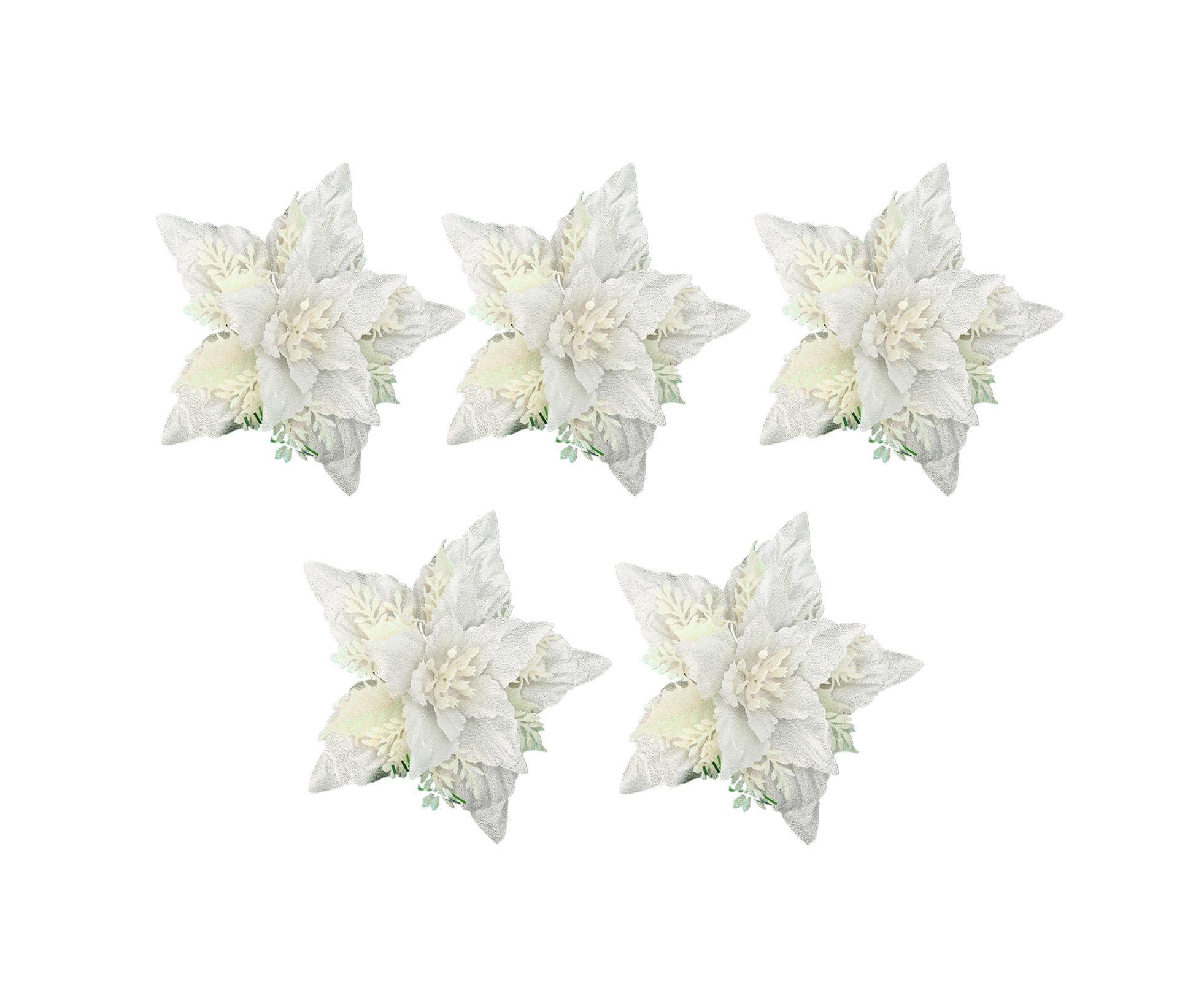 5Pcs Artificial Xmas Flower Leaves-Silver White - Image 1